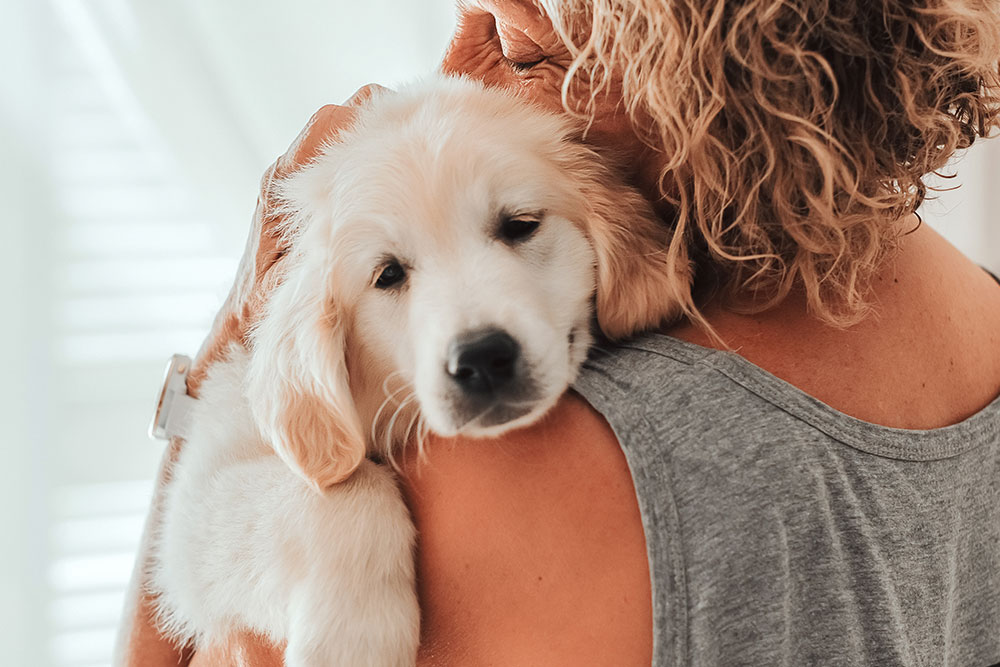 Woman hugging and cuddling her puppy, showing the bond between pets and their owners