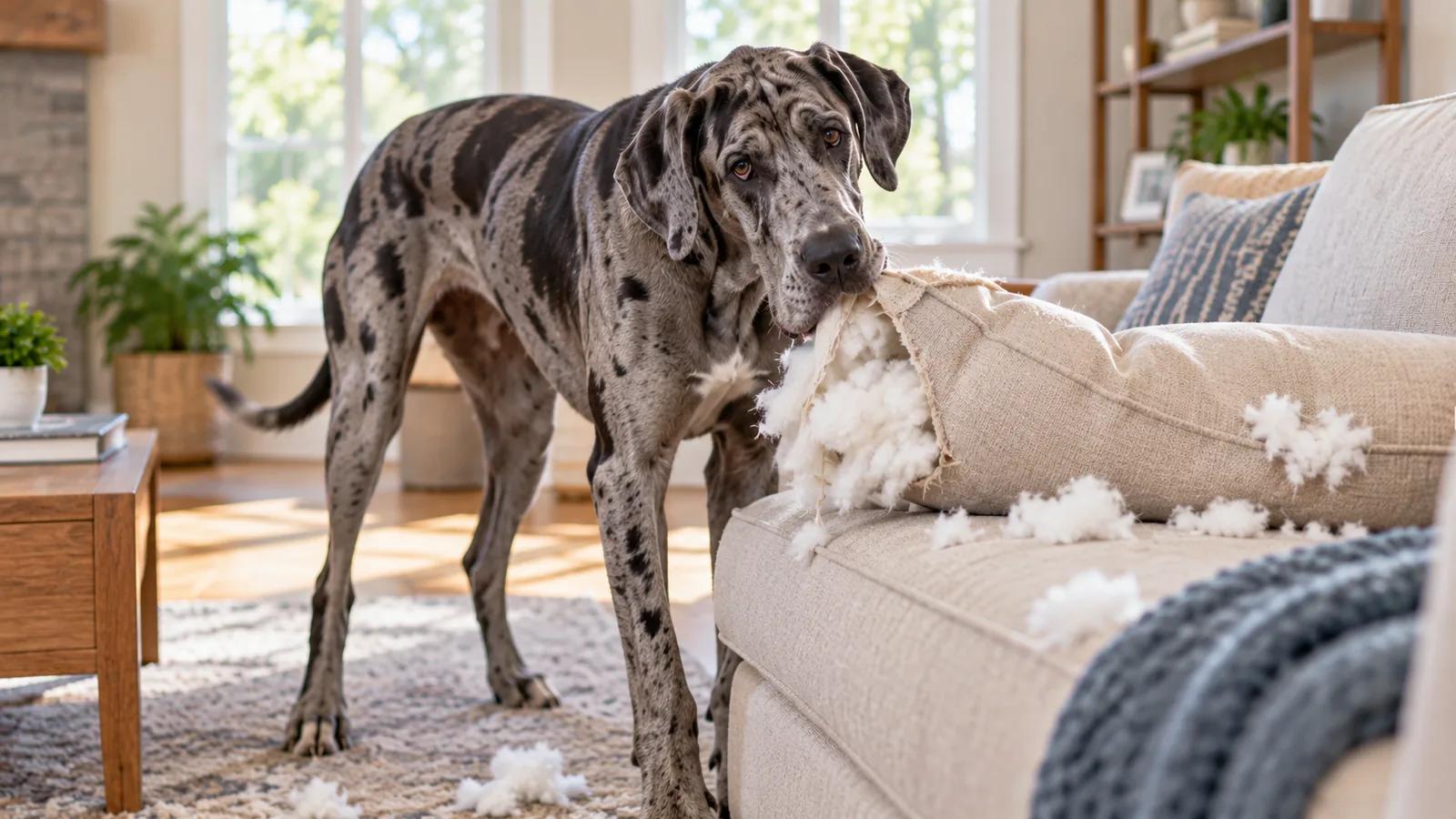A large spotted Great Dane tugging stuffing out of a torn sofa cushion, fluff scattered around.