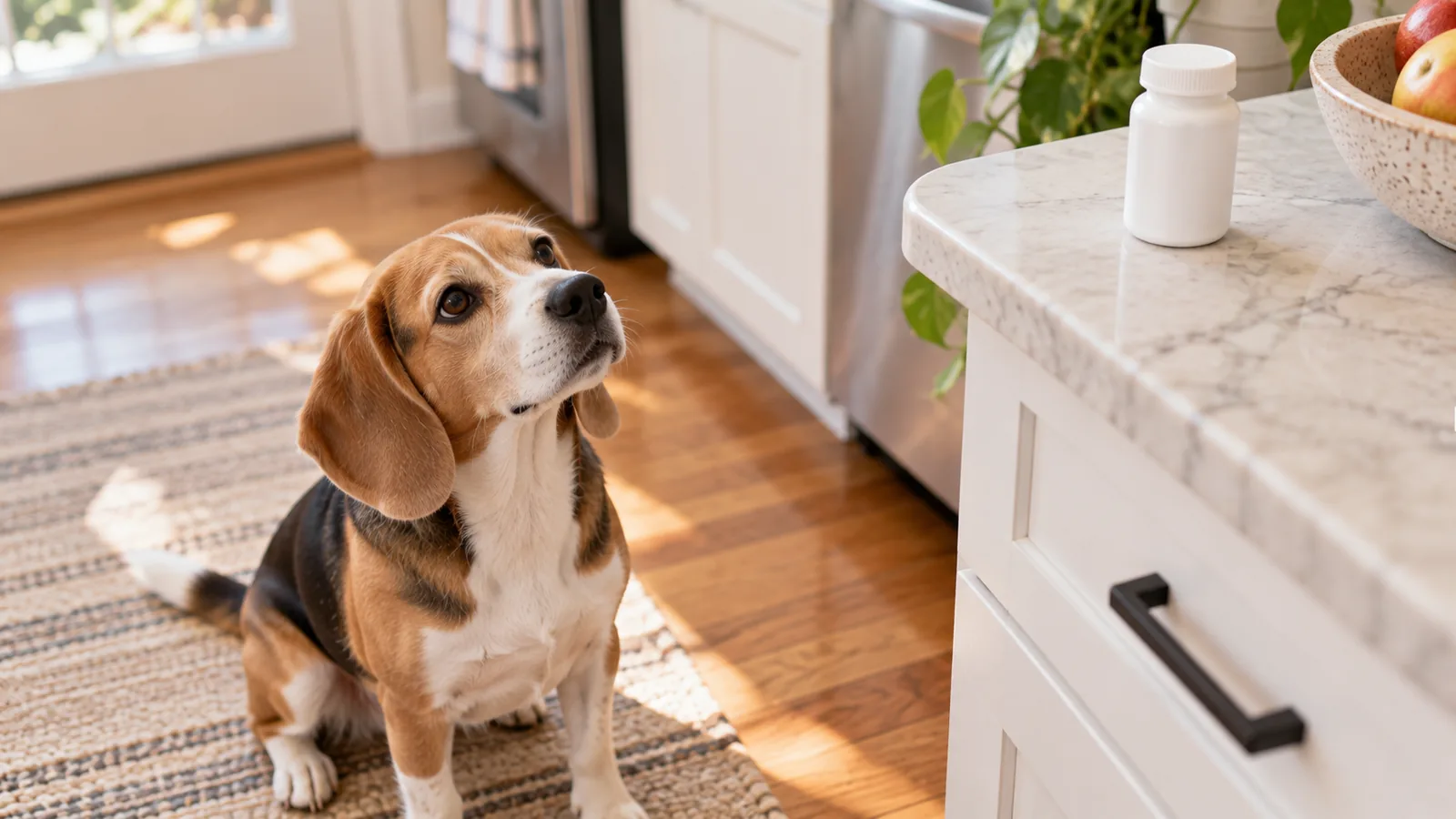 A beagle sits on a kitchen rug looking up, with a white pill bottle on the marble counter above.