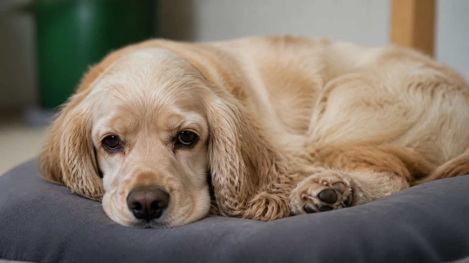 Cocker Spaniel resting quietly indoors, looking slightly tired or lethargic.
